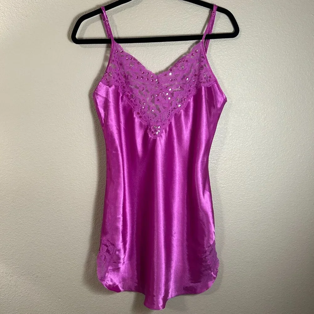 Y2K Delicates Womens Magenta Satin Lace Sequin Beaded Chemise Nightgown Size M